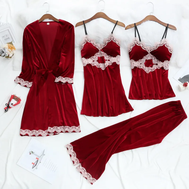 

JULY'S SONG New Fashion Velvet Women 4 Pieces Pajamas Set Sexy Lace Pajamas Sleepwear Robe Warm Winter Nightdress Homewear