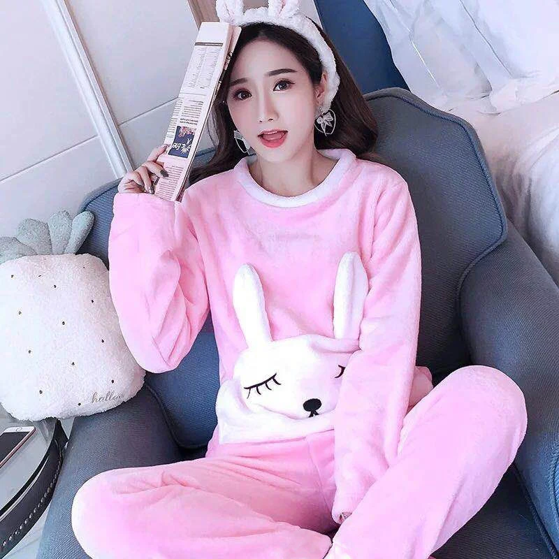 Теплый Женский пижамный комплект на осень и зиму пижама с длинными рукавами