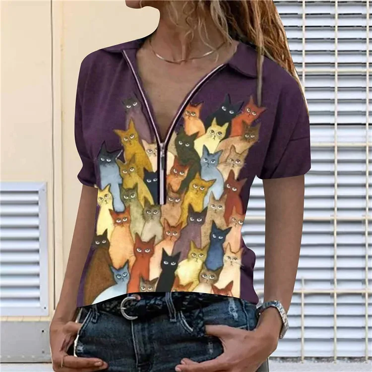

New cat print zipper lapel short-sleeved shirt graphic tee