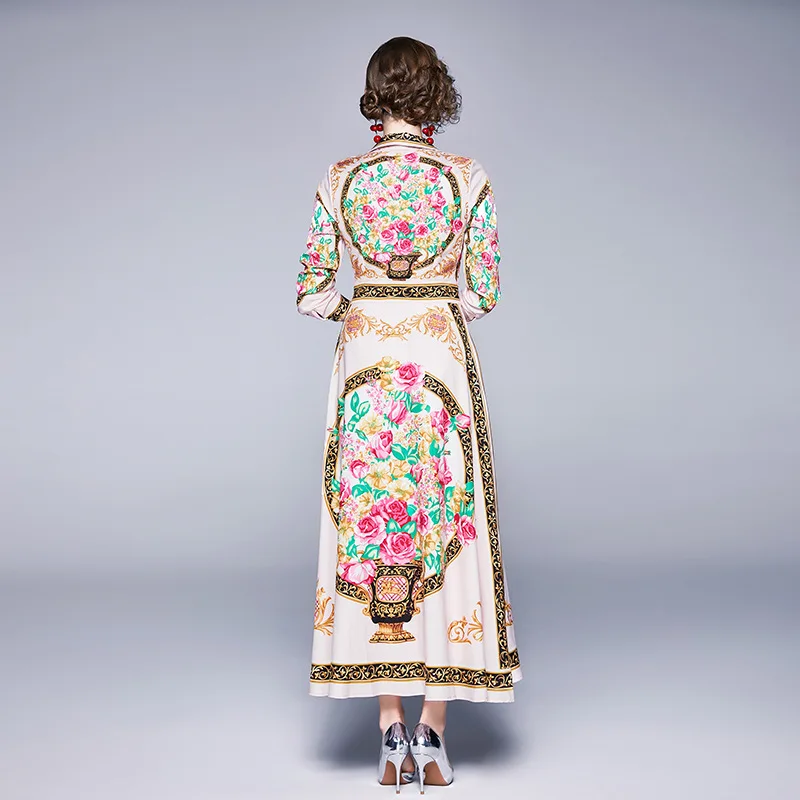 

2020 Spring Euramerican Print Sress Long Sleeves Narrow Waist Elegant Women Dresses Pink Turn-down Collar Noble Ladies Dresses