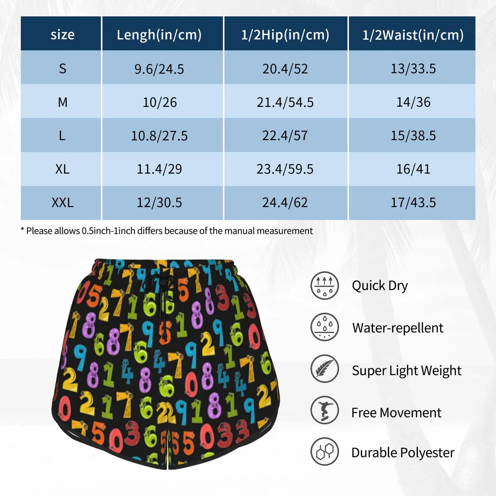 

Colorful Numbers With Animal Shape Swim Shorts Women Beach Shorts Numbers Digits Count Eyes Animals Colors Red Yellow