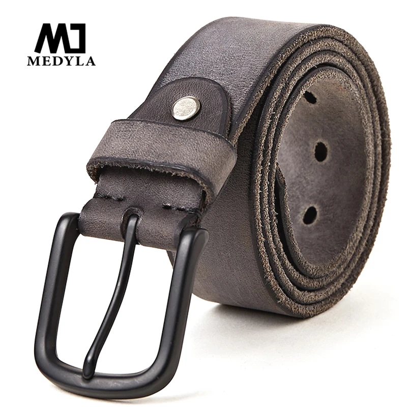 MEDYLA 100% original leather men's belt matte metal pin buckle soft tough leather belt for men without interlayer male belt