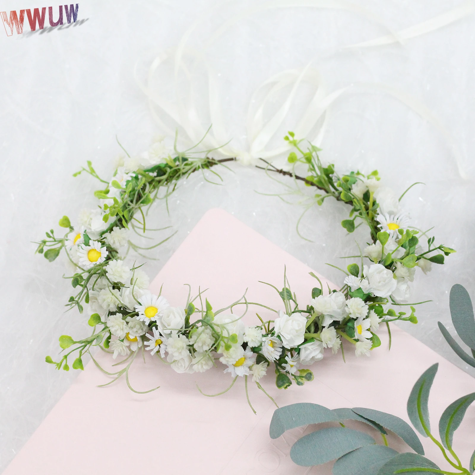 

Bride Flower Crown Hair Band Wedding Floral Headband Princess Wreath Girls Crown Headdress Party Elastic Garland Hair Accessorie