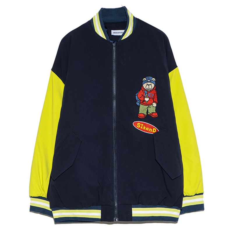 

Мужская бейсбольная куртка в стиле Харадзюку, куртка с цветными блоками и вышивкой медведя, уличная одежда большого размера унисекс, флисов...