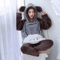 autumn and winter can be worn outside thick warm plush girl cute cartoon pajamas long sleeved home service suit