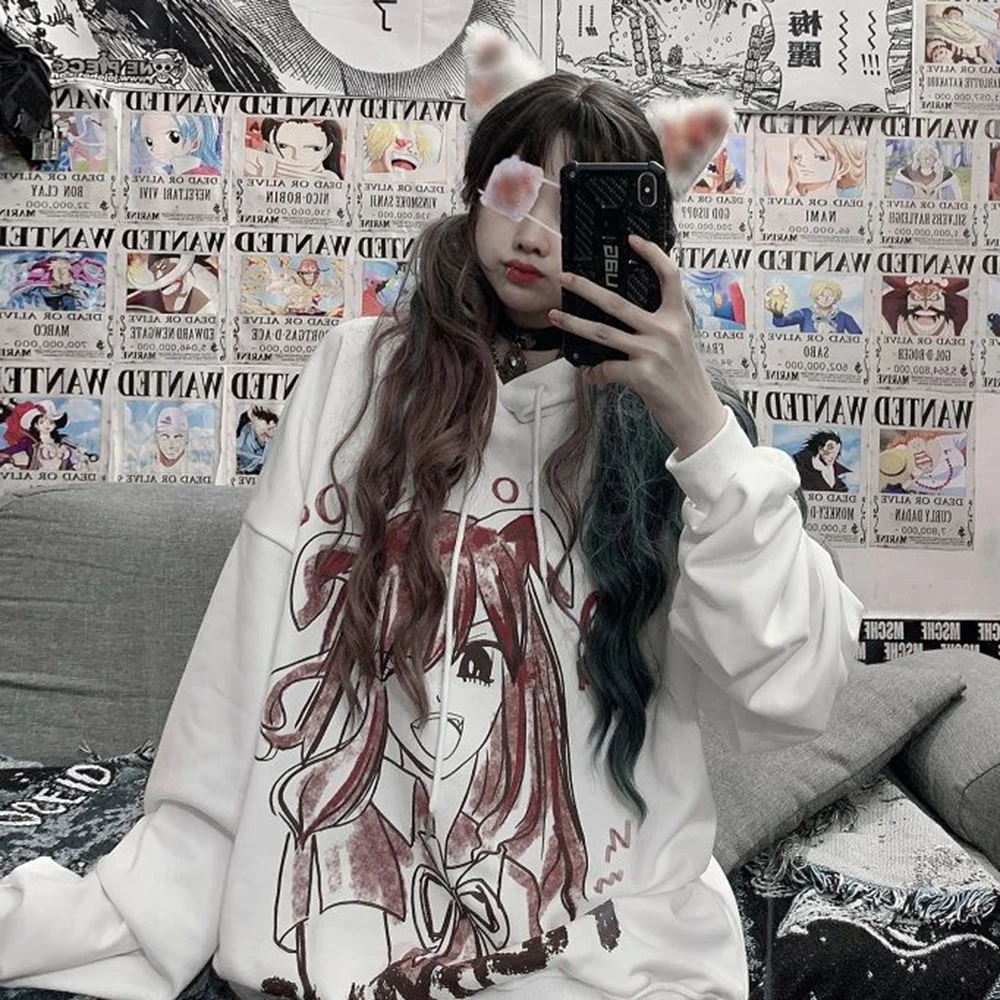 

Oversize Gothic Punk Hoodies Women Korean Street Style Black White Long Sleeve Plus Size Pullovers Tops Schoolgirl Clothes