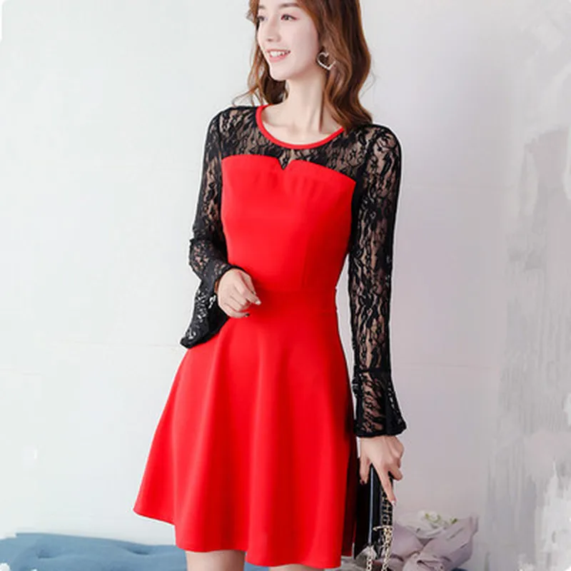 

Summer 4 Colors Sexy Mini Dress Women Fashion Beautiful Long-sleeve O-neck A-line Thin Lace Boho Elegant Party Dresses Vestidos