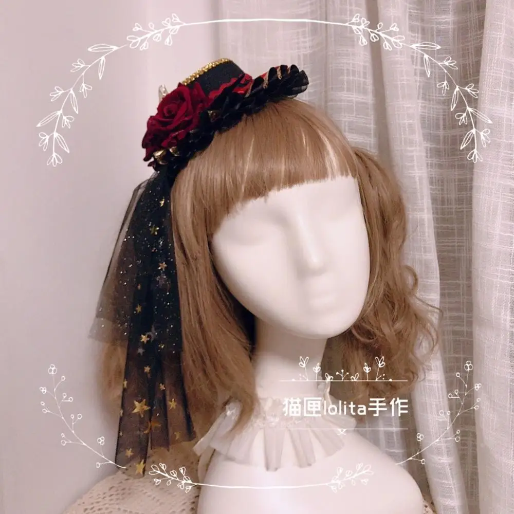 lolita Vintage Small Top hat Girl Party Cosplay Black red Star gauze Gothic rose little devil formal Gorgeous Headwear Props |