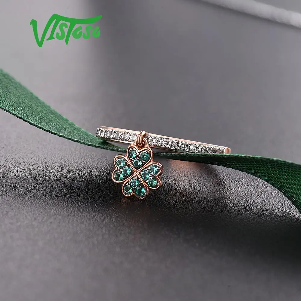 VISTOSO подлинное 10 к розовое золото искусственный изумруд& WhiteSapphire кольцо с клевером для леди помолвка юбилей прекрасный шик ювелирные изделия