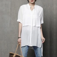 summer 2021 new korean fashion mid length solid color womens loose short sleeve chiffon blouse v neck loose casual tops
