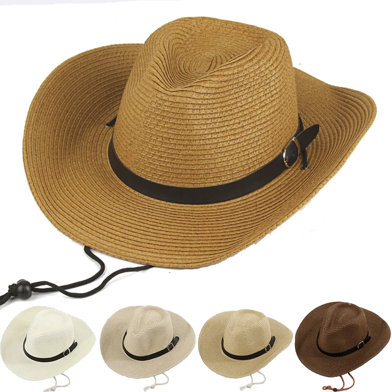 

Western Cowboy Sun Hat Wind Lanyard for Men Women Wide Brim Straw Hat Beach Cap Panama Fishing Fisherman Cap Summer Hats