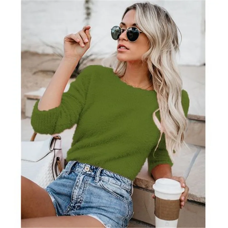 Taniafa Women Tops Mohair Blend Fuzzy Blouse Pullover Jumper Sweater Knitwear | Женская одежда