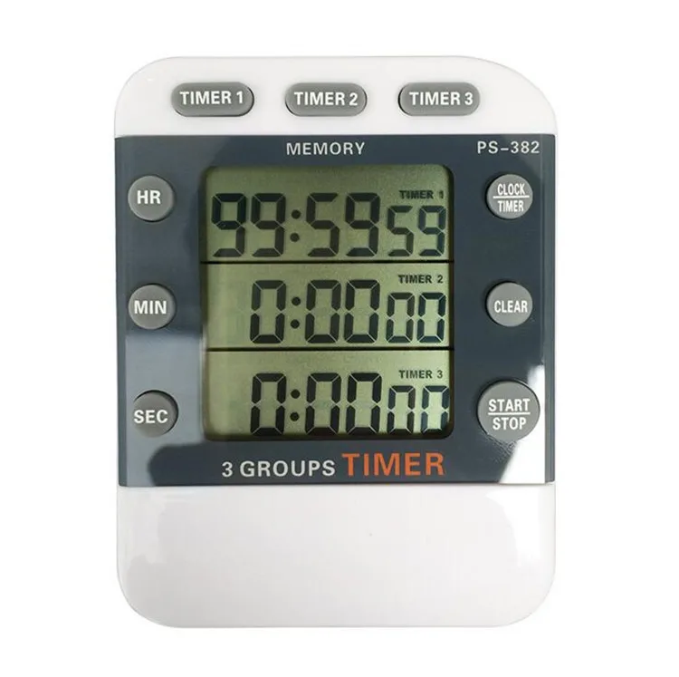 

Kitchen Timer Sports Timer 99 Hours Digital Calculator 12/24 hour Memory Reminder 3 Channel Count down Timer 3 Groups Timer