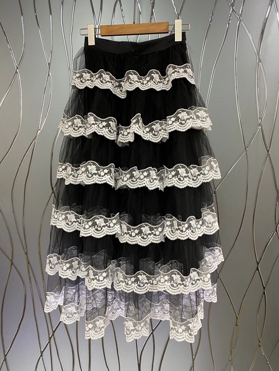 

2021 new women fashion sexy elastic waist layer lace edge color matching decoration all-match micro-puff skirt 426