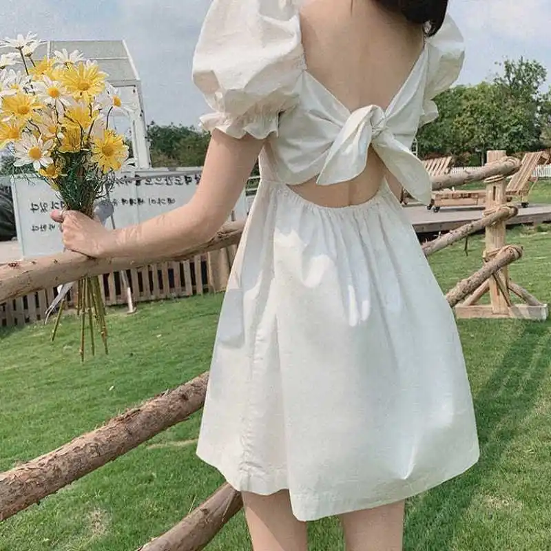 

White Square Neck Puff Sleeve Dress 2021 Waist Was Thin French Temperament Western Style Open Back Skirt Female Summer For Women