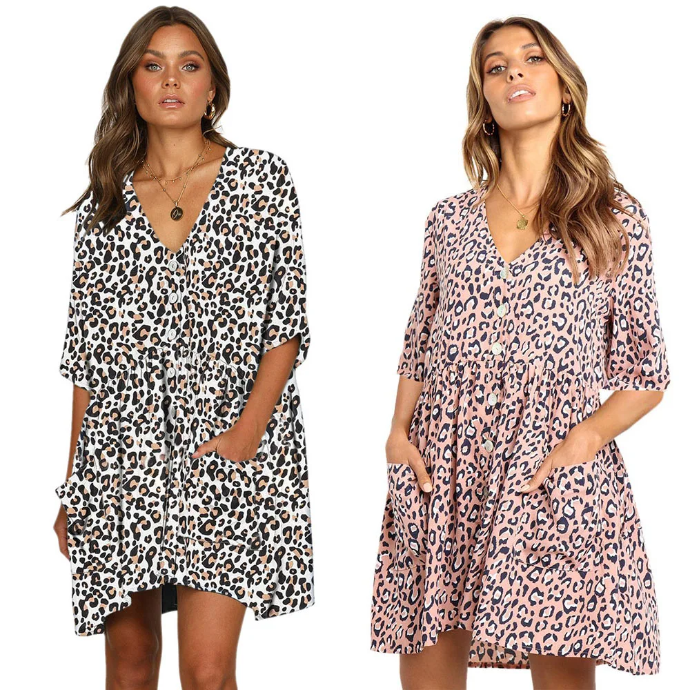 Женское платье рубашка SEBOWEL леопардовое мини с треугольным вырезом и