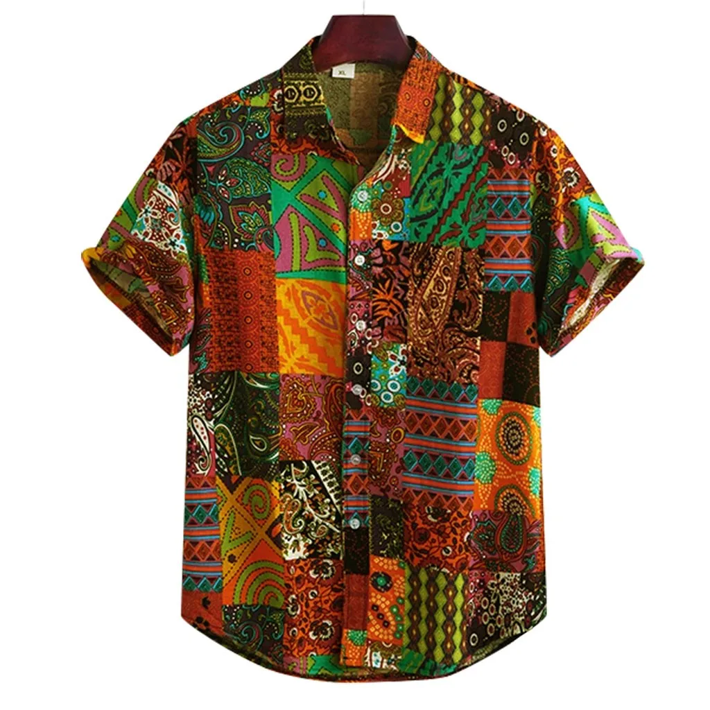 Men Beach Hawaiian Shirts Colorful Summer Ethnic Style Print Vintage Short Sleeve Loose Buttons Shirt Рубашка Мужская Camisas |