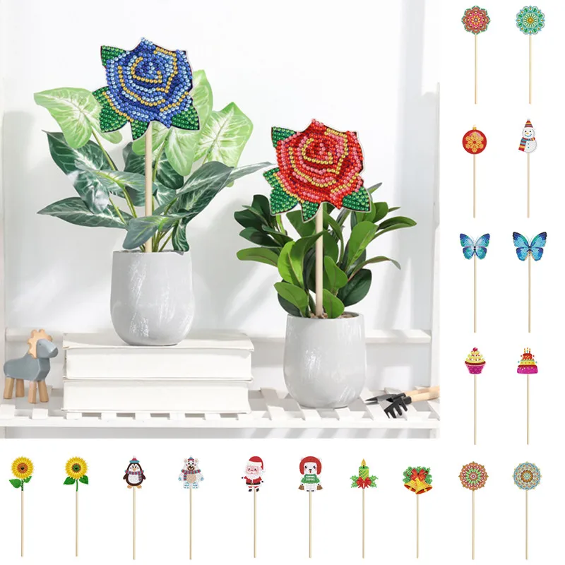 

New arrival DIY diamond painting potted plant decoration stick sunflower rose flower birthday flower pot decoration