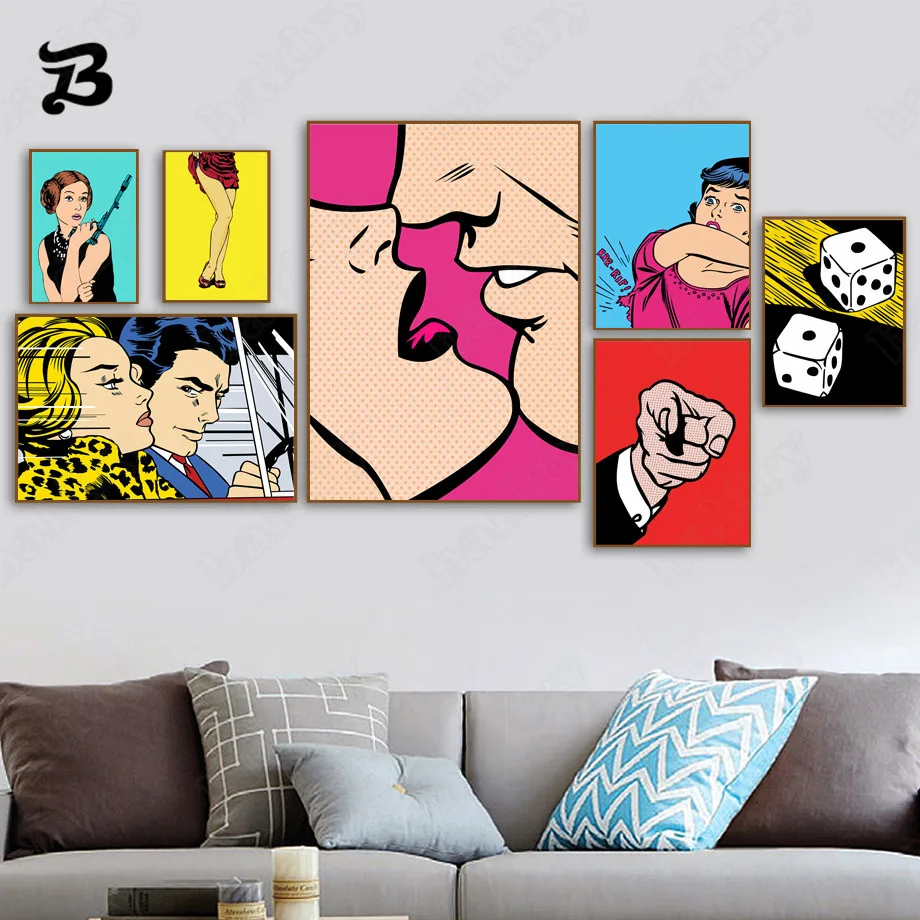 

Canvas Painting for Living Room Fashion Adult Women Sexy Men Kiss Dice Wall Art Comics Posters and Prints for Home Wall Decor