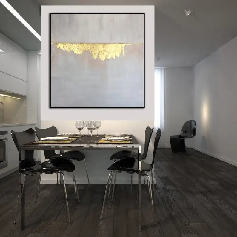 

Large Acrylic Painting Gray Abstract Painting Golden Leaf Texture Art Abstract Canvas Painting Wall Painting For Living Room