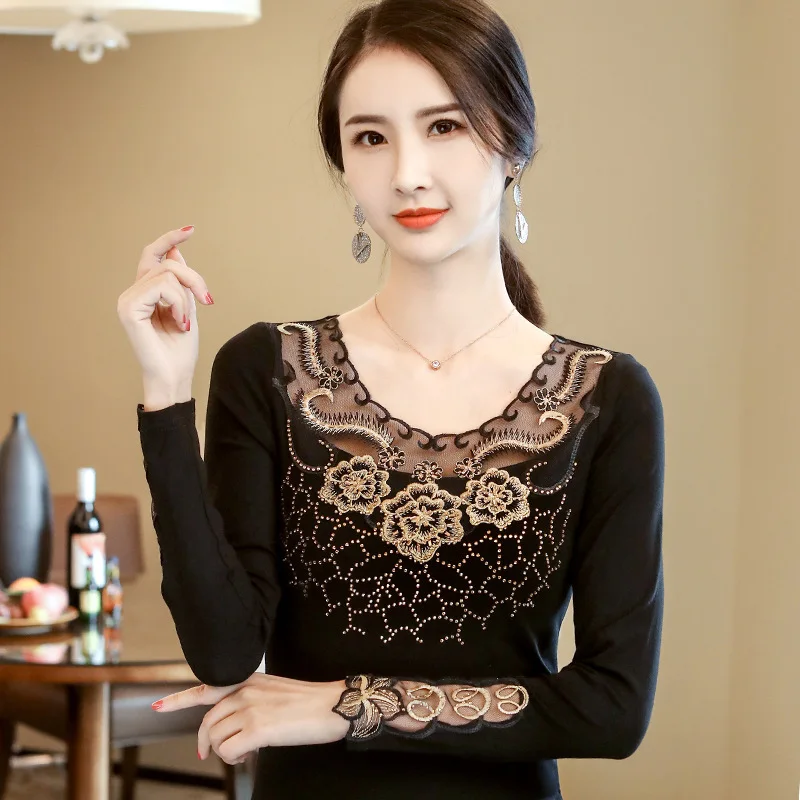 New 2022 Spring Autumn Women's Tops Fashion Rose Embroidered Long-sleeved Bottoming Shirt Elegant Diamonds Lace Tops