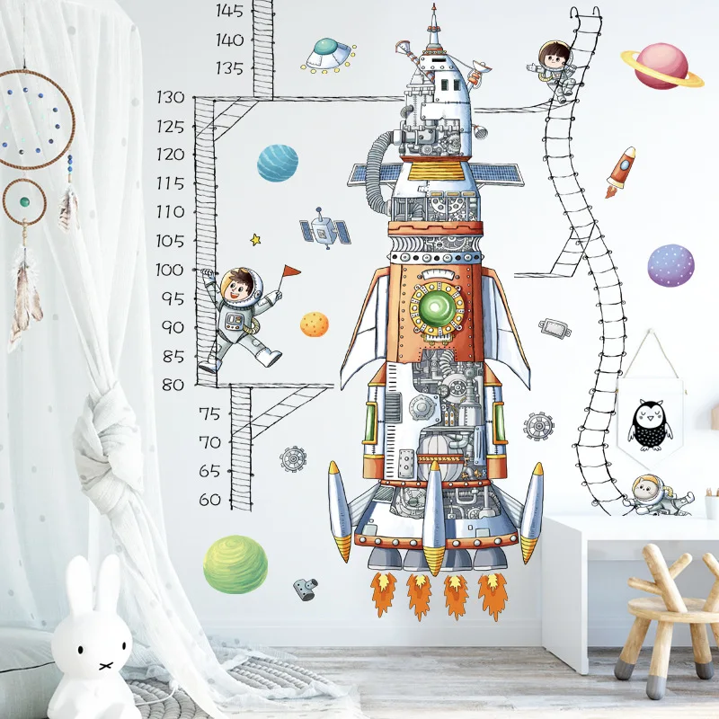 

Cartoon Spaceship Astronaut Height Measure Ruler Stickers Children's Room Nursery Wall Decoration Decals