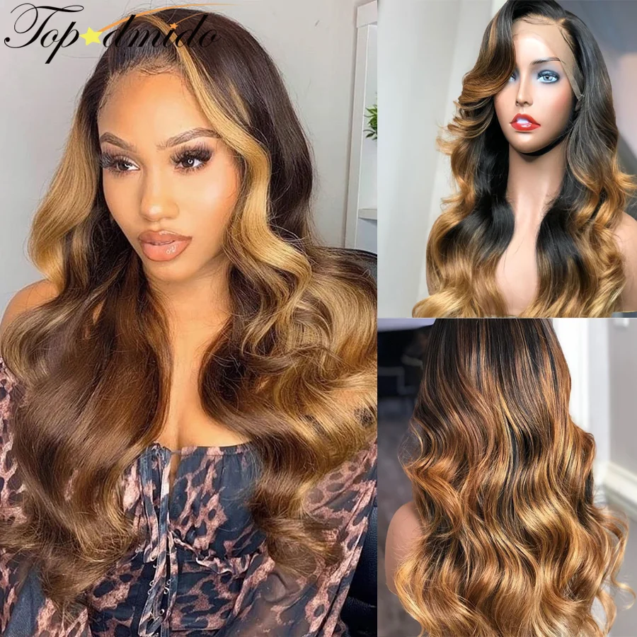 

TOPODMIDO 13x4 Colored Brown Honey Blonde Transparent Lace Front Wig 180 Density Long Body Wave Indian Human Hair Wigs