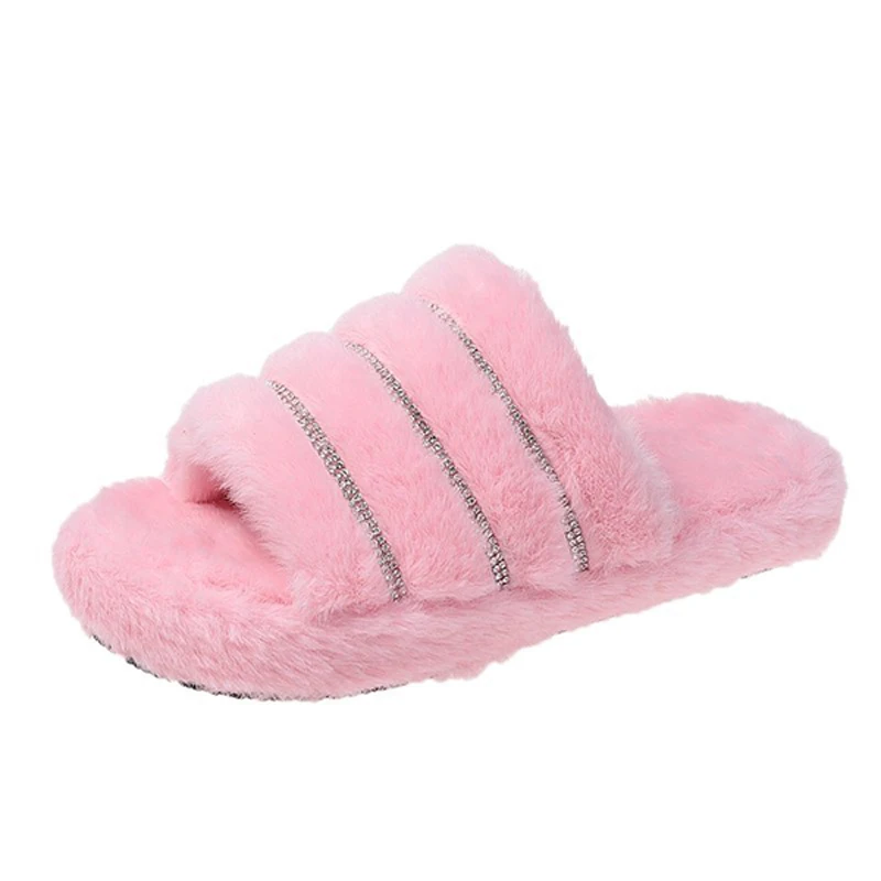 

Crystal Plush Slippers Women's Flat Slip On Home Shoes Female Open Toe Warm Winter Slipper Ladies Casual Indoor House Slides New
