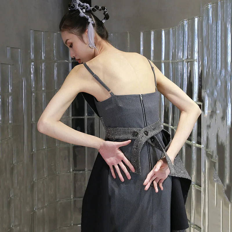 

SeeBeautiful Sequins Stitching Contrast Color Strap Dress Irregular Bandage Button Simple New Fashion 2021 Spring Women E100