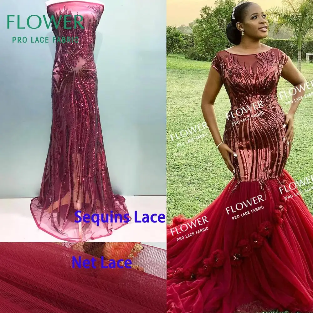 Бордовые блестки сетчатые кружевные ткани винного цвета африканские