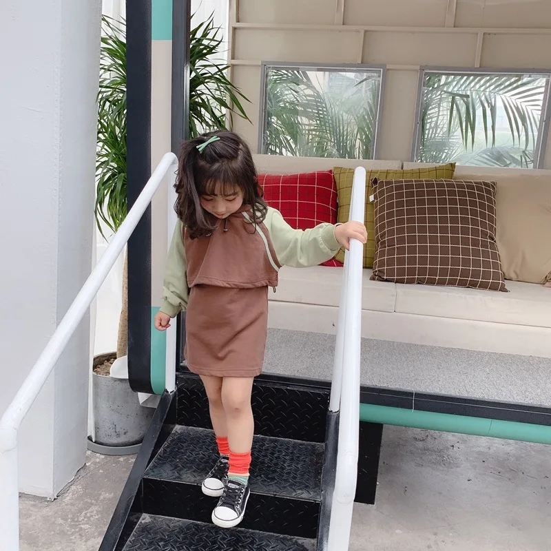 Осень 2019 новинка Топ с длинным рукавом и капюшоном для маленьких девочек + платье