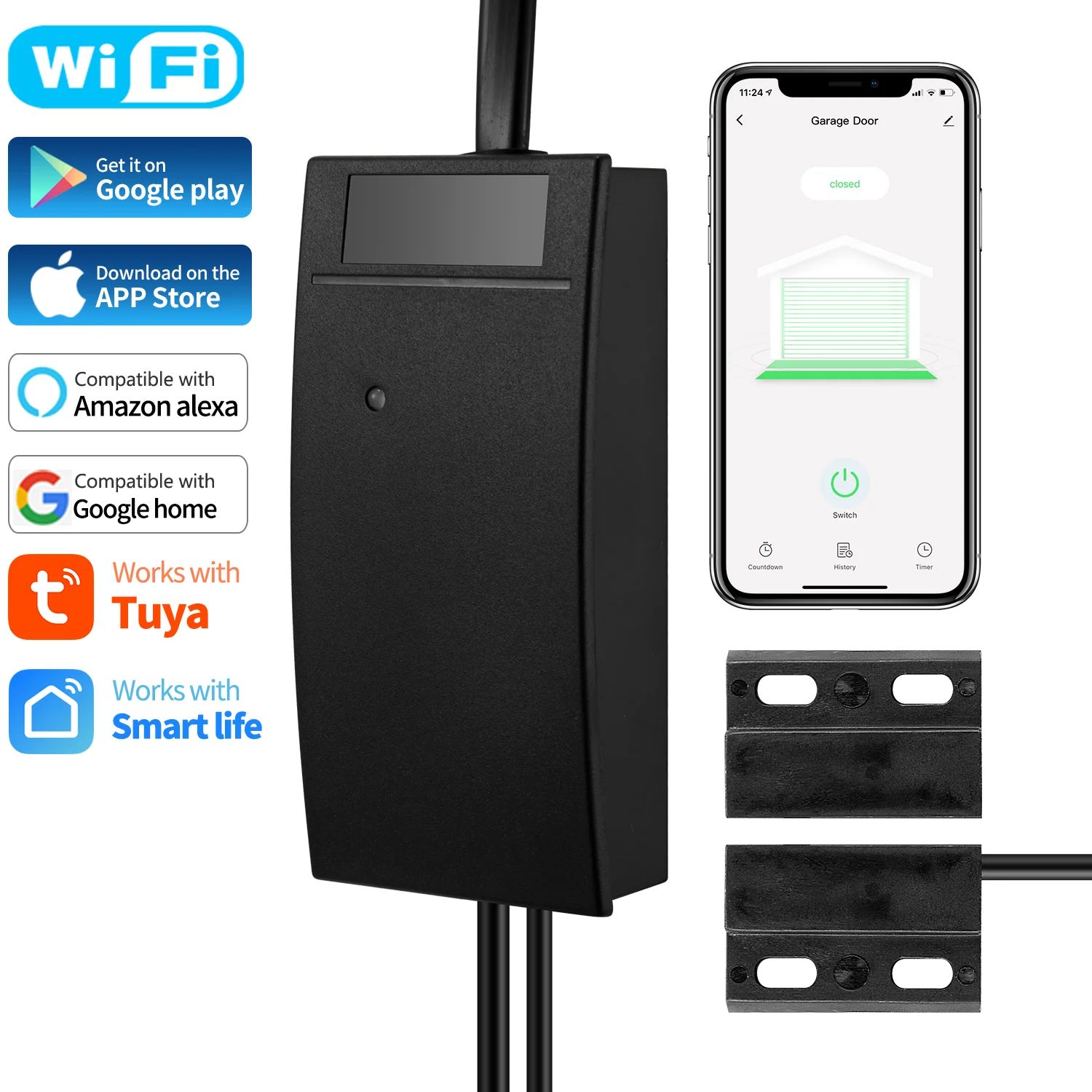 

Smart WiFi Garage Door Opener Remote Controller, Smartphone App Control, Compatible with Alexa, Google Assistant, No Hub Require