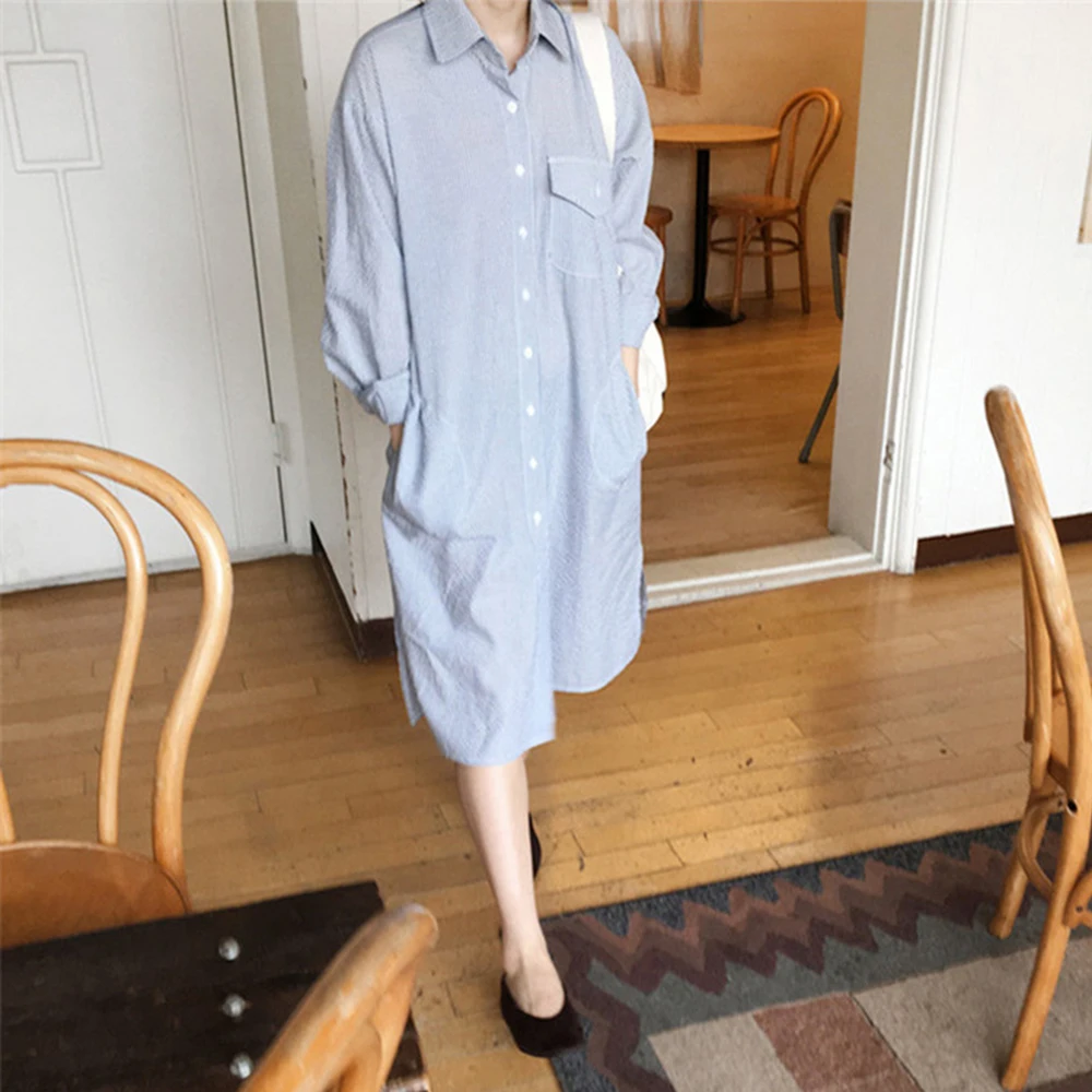 

Korean Fashion Polo Collar Retro Split Fork Stripe Dress Fashion Autumn New 2021 Solid Color Single-breasted Long Sleeve Casual