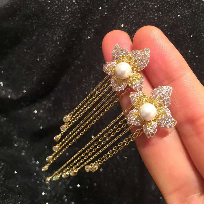 

Korean fashion S925 silver needle long drop tassel flower earrings super fairy online celebrity temperament elegant earrings