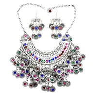 afghan silver color coin tassel bib statement necklace earring sets for women turkish gypsy rhinestone necklace party jewelry