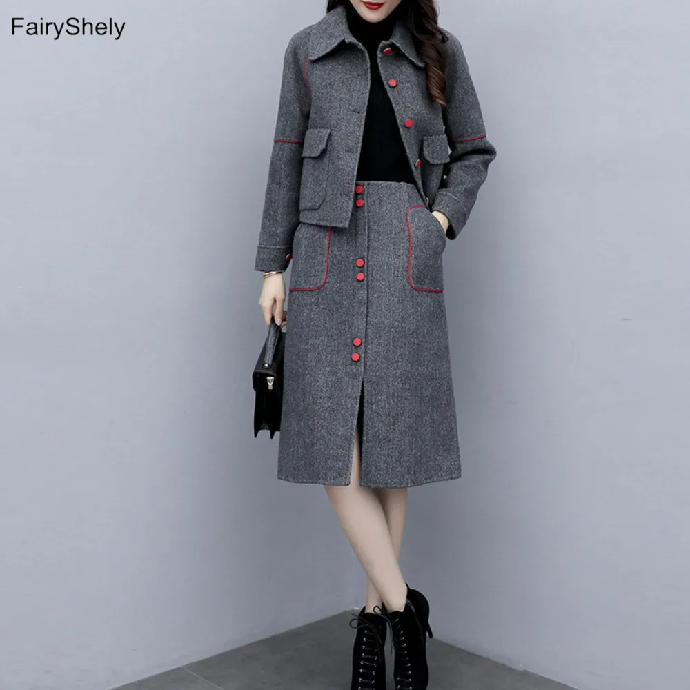 

FairyShely Casual Office Ladies Work Skirt Crop Coat Suit Women 2020 Autumn Winter Button Pocket Woolen Jackt Skirt 2 Piece Set
