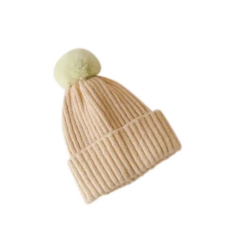 Gorro de punto con pomp&oacute;n para beb&eacute;, gorro c&aacute;lido para invierno, lana suave, Color s&oacute;lido, pomp&oacute;n de piel de conejo, 13 colores-5