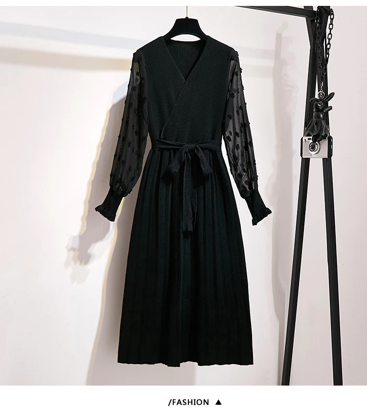 Willstage, L-4XL, плюс размер, трикотажное платье, шифон, рукав-фонарик, пэчворк, плиссированные платья, для женщин, талия, бант, на шнуровке, негабаритный