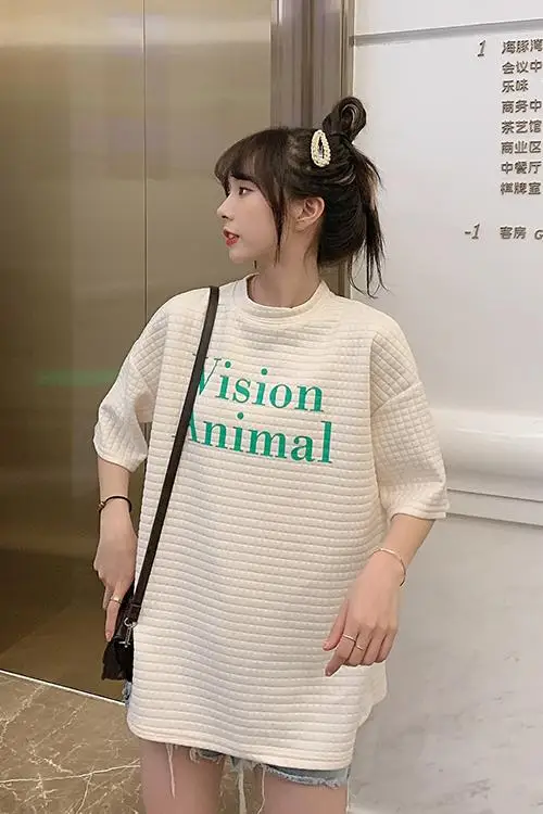 

Korea Letters Print Plaid Tshirt Plus Size Hip-hop Female Casual Loose Kawaii T-shirt
