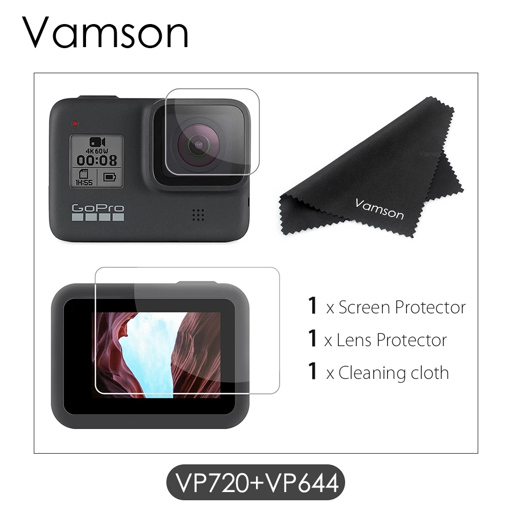 VP720-VP644 Vamson для Gopro Hero 8 черная защитная пленка из закаленного стекла объектив+ экран камеры ЖК-экран Защитная пленка VP720 - Цвет: VP720-VP644