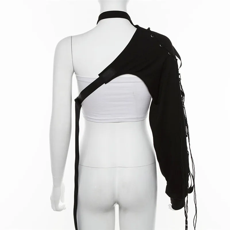 

Stylish Drawstring Ribbons Long Sleeve One Shoulder Choker Hoodies 2021 Women Autumn Skew Collar Ultra Short Pullover Crop Tops