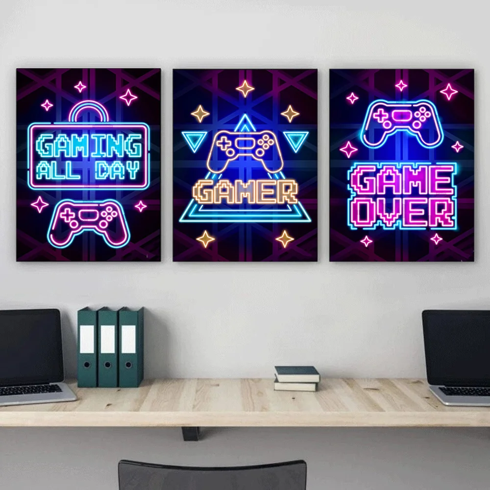 Неоновые Красочные картины на холсте Постер и печать игровой комнаты модульное