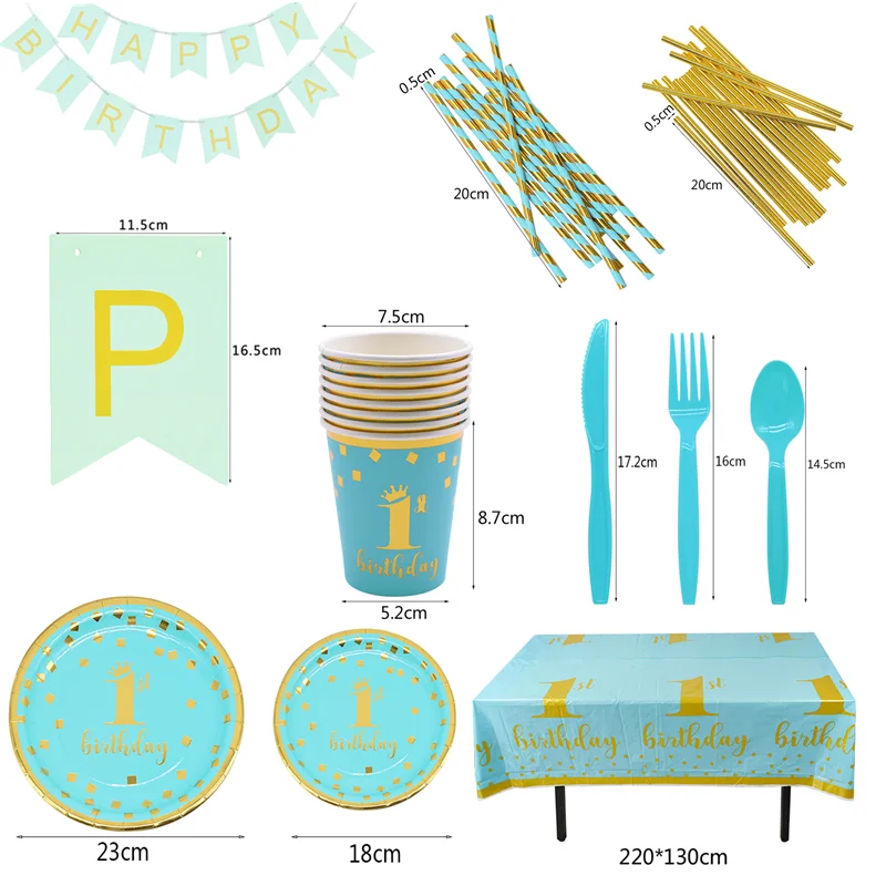 1st Birthday Party Supplies Pink Blue Paper Plates Cups Straws Disposable Tableware Banner Gender Reveal Baby Shower Party Decor