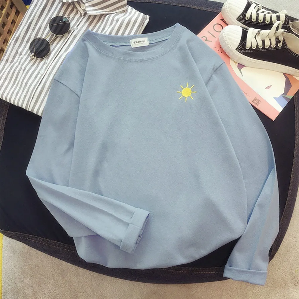 

Autumn Women'S Korean Embroidered Long-Sleeved T-Shirt Plus Size Bottoming Shirt Retro Embroidered Sweatshirt V-neck Plus Size