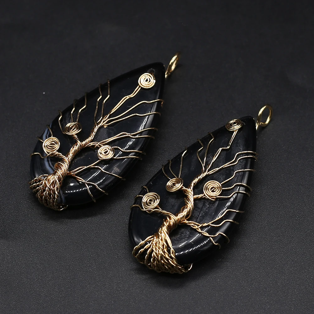 

Natural Stone Pendant Charms Winding Golden Natural Black Agates Pendant for Making DIY Jewerly Necklace Accessories 30x70mm