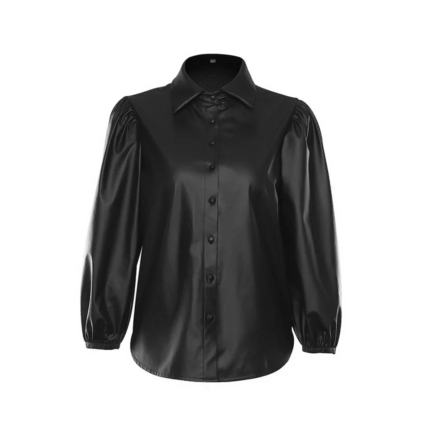 Женская винтажная блузка из искусственной кожи черная однобортная Повседневная
