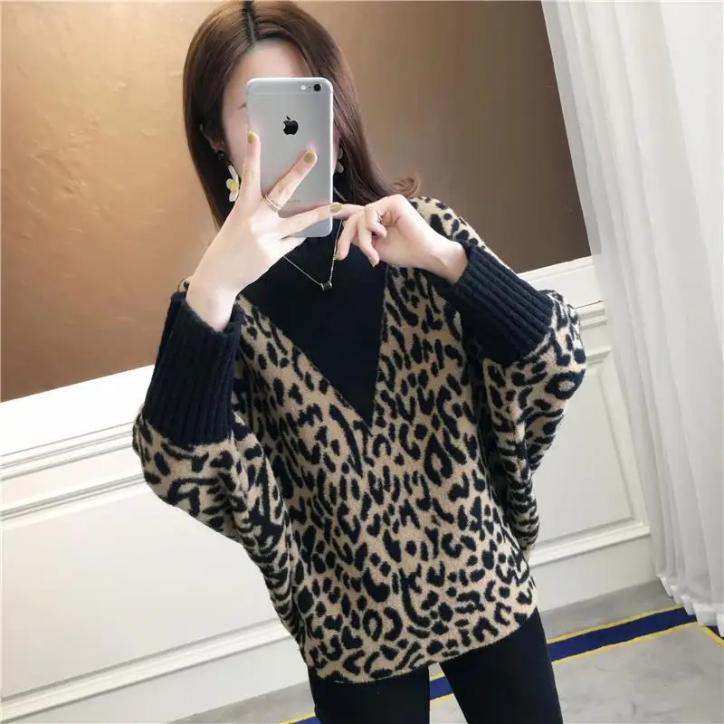 

2021 New Fashion High Neck Leopard Sweater Women Wear Loose Turtleneck Knitted Batmobile Jacket Women's Jacket