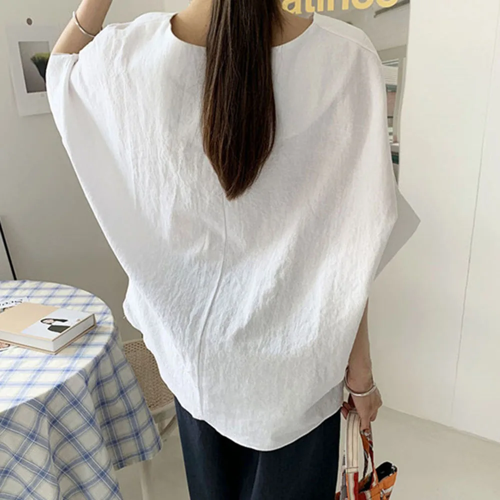 

2021 Summer New Retro Korean Fashion Japanese Style Solid Color Loose Casual Women's Shirts Oversize Round Neck Summer