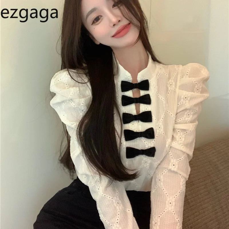 Рубашка Ezgaga Женская кружевная универсальная, Элегантная блузка во французском стиле, с бантом, базовый топ в винтажном стиле, Осень-зима | Женская одежда | АлиЭкспресс