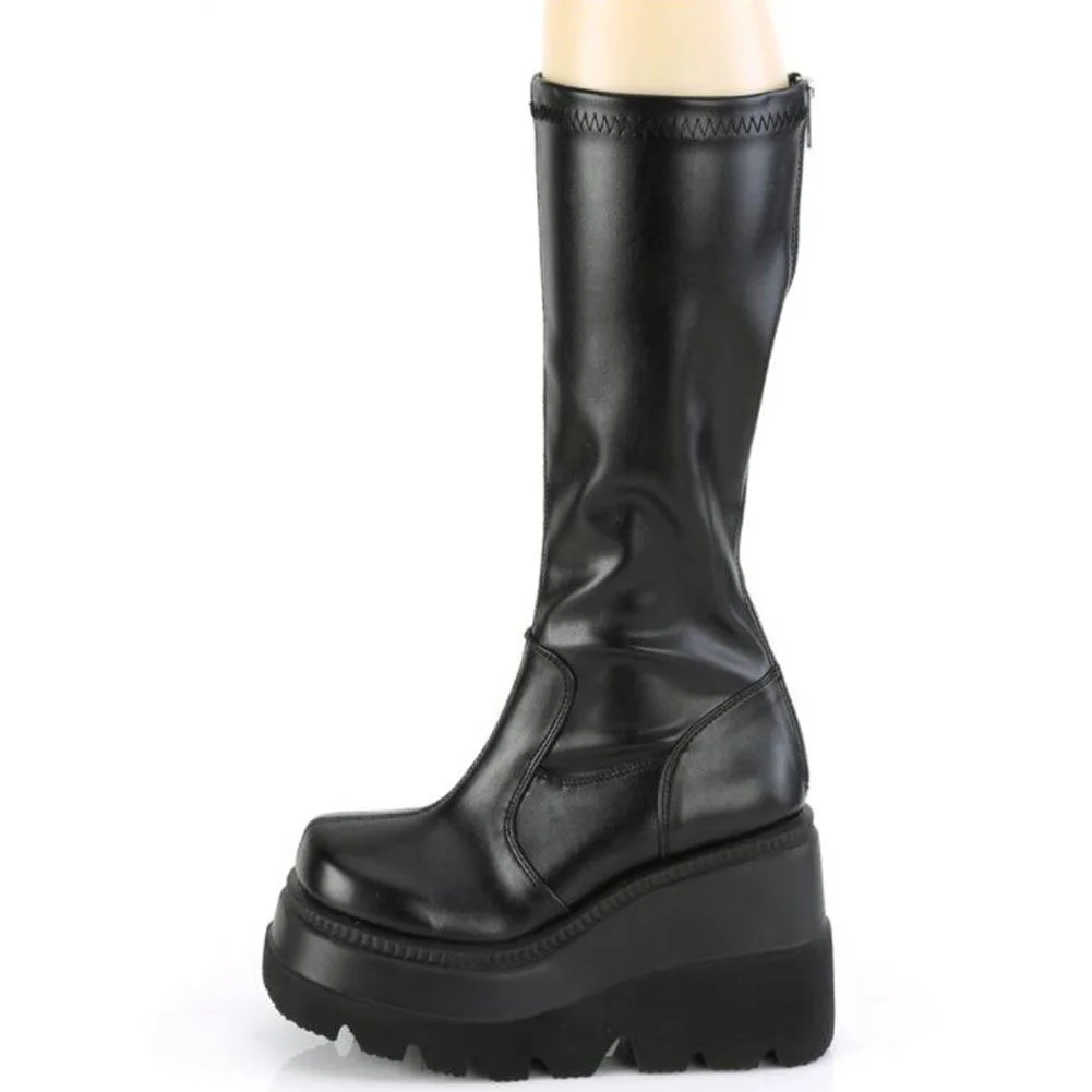 

2021 Big Size 43 Gothic Style Black Wedges High Heels Platform Trendy Cool Autumn Winter Motorcycles Boots Shoes Women Footwear